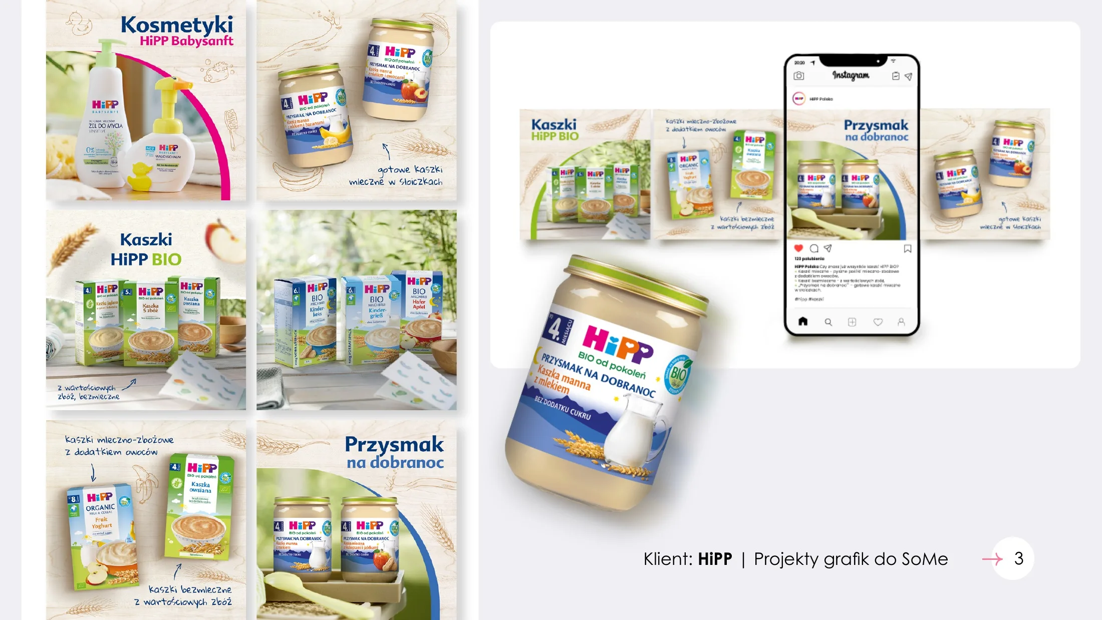 HiPP: zestaw grafik na social media z produktami i makietą Instagrama.