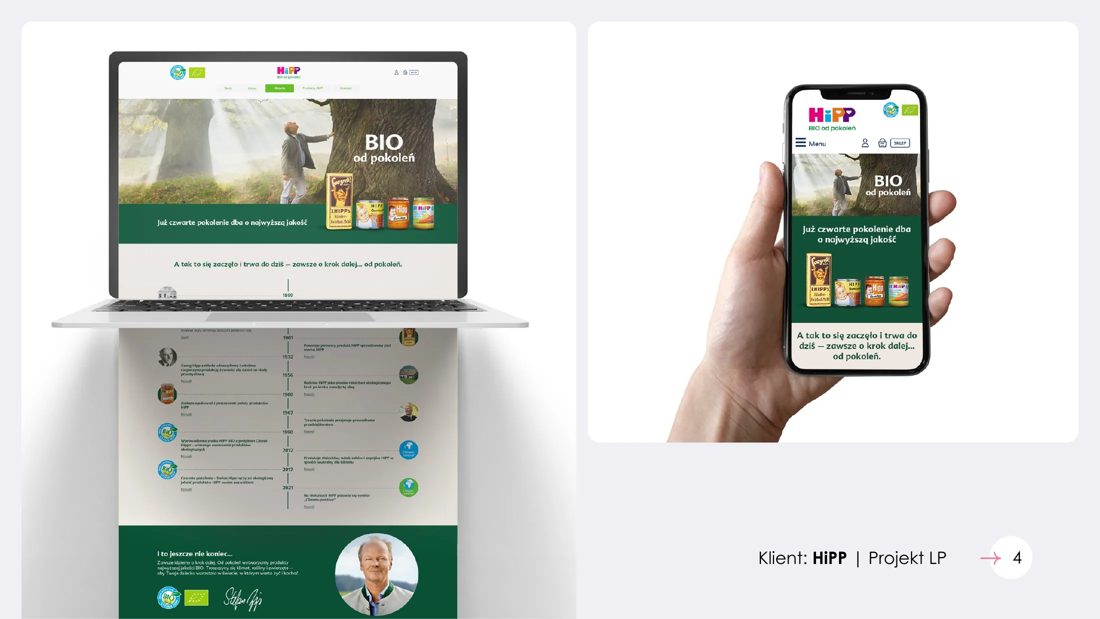 HiPP: projekt landing page BIO od pokoleń na laptopie i telefonie.