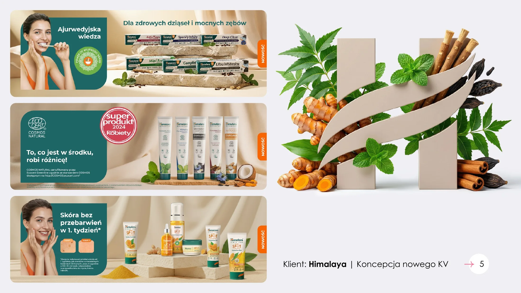 Himalaya: koncepcja key visual z ajurwedyjskimi składnikami i bannery produktowe.