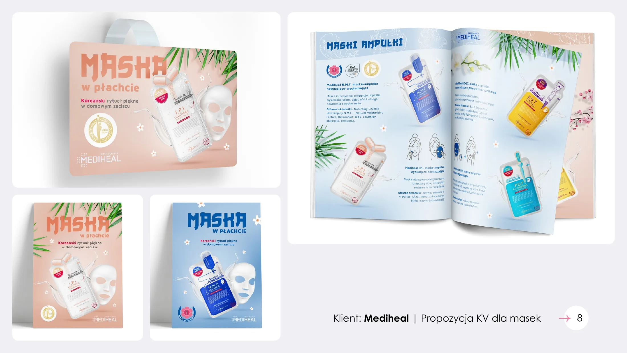 Mediheal: key visual masek w płachcie i rozkładówka katalogu.
