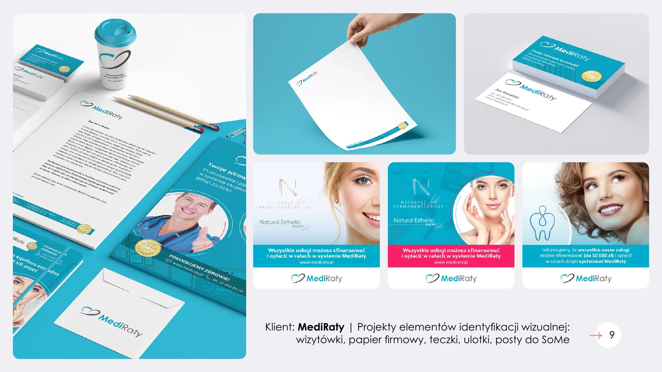 MediRaty: identyfikacja wizualna: wizytówki, papier firmowy, ulotki i posty.